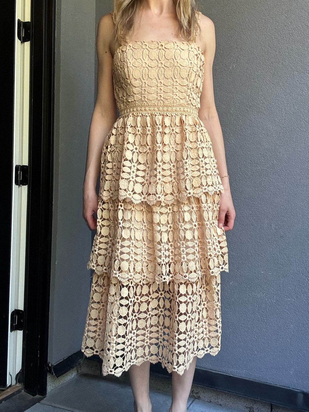 Just Me Strapless Tiered Lace Dress in Cream - Size Small